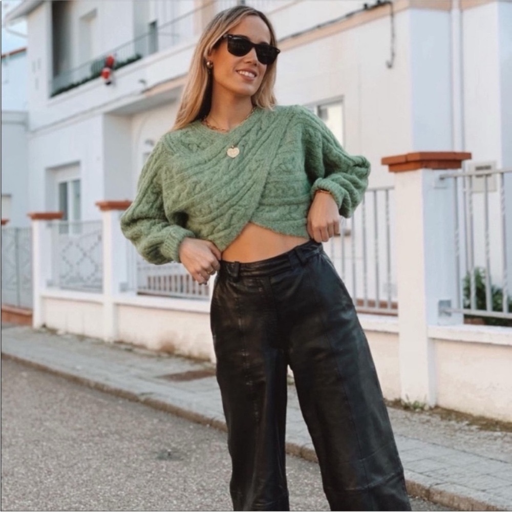 Zara Green Cable Knit Cropped Sweater Wrap Sweater Criss Cross Sweater - Picture 3 of 11